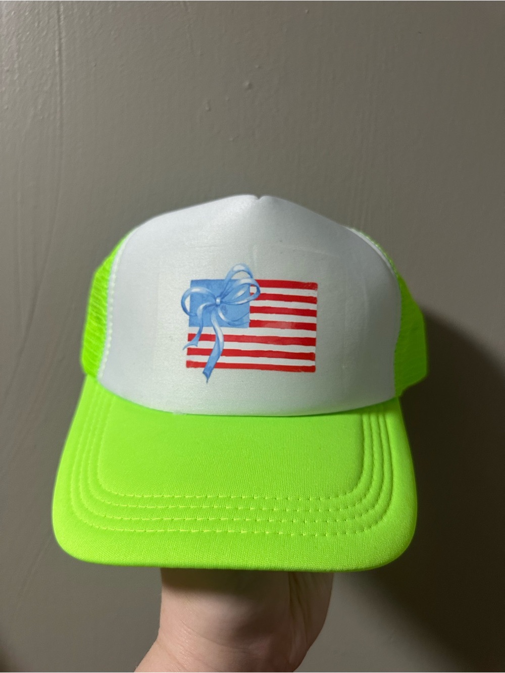 Neon Green and White Trucker Hat with Flag Bow Graphic